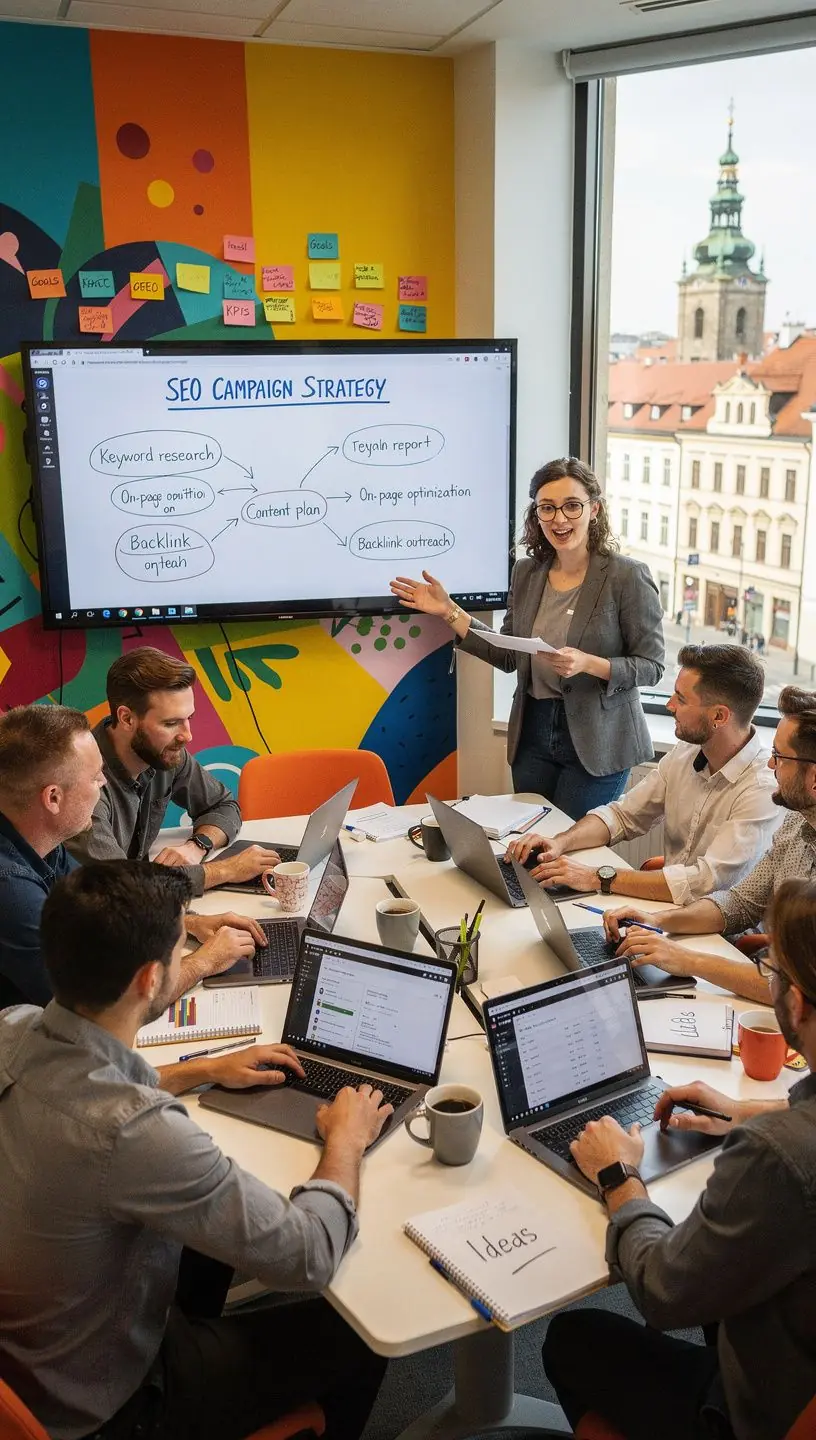 Skupina lidí diskutujících o strategiích optimalizace webu.