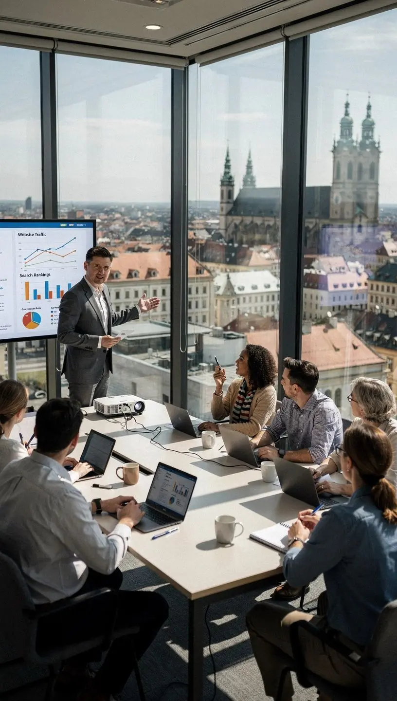 Obrázek laptopu s otevřenou analýzou návštěvnosti webových stránek